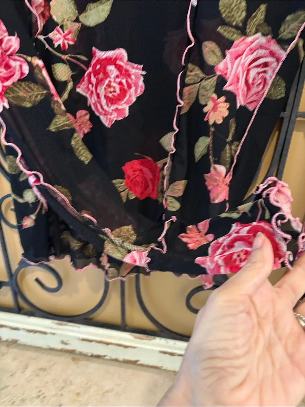 Free People Black Floral Mesh Long-Sleeve Top with Pink Roses